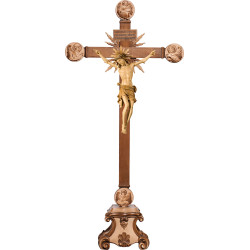 Cristo Pisa en Cruz con Evangelistas y rayos en peana con Titulus Crucis en hebreo - latín - griego